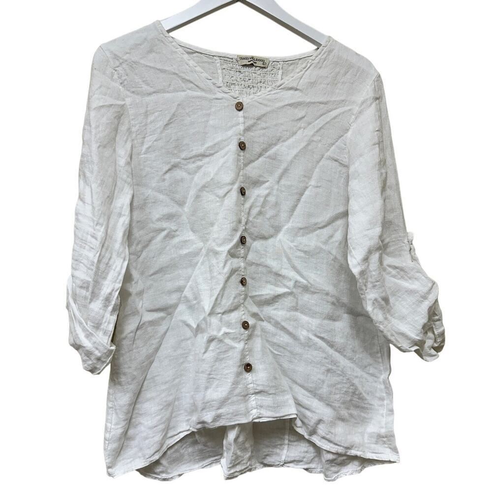 Terzo Millennio Size L Roll Tab Sleeve Buttoned V-Neck Tunic Linen Top White
